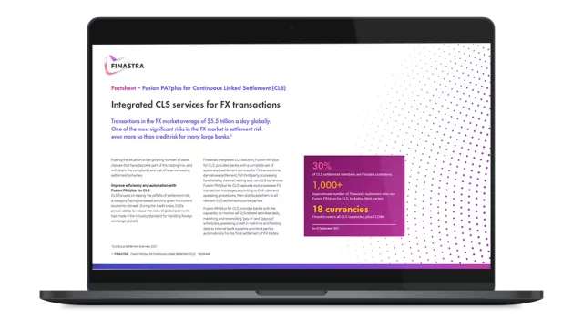 Image of laptop with cover slide for "Fusion PAYplus for CLS ..." brochure