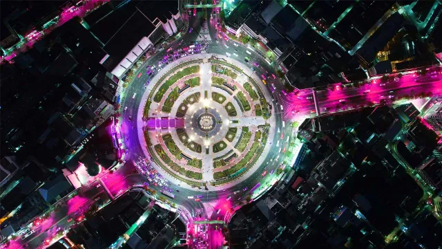 top down view of city roundabout