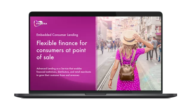 Image of laptop with cover slide for "Finastra Embedded Consumer Lending" brochure