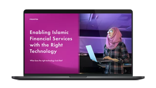 Image of laptop with cover slide for "Enabling Islamic financial services with the right technology" brochure