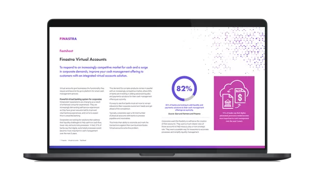 Image of laptop with cover slide for "Finastra Virtual Accounts" factsheet