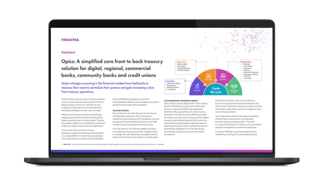 Image of laptop with cover slide for "Opics: A simplified core front to back treasury solution" factsheet