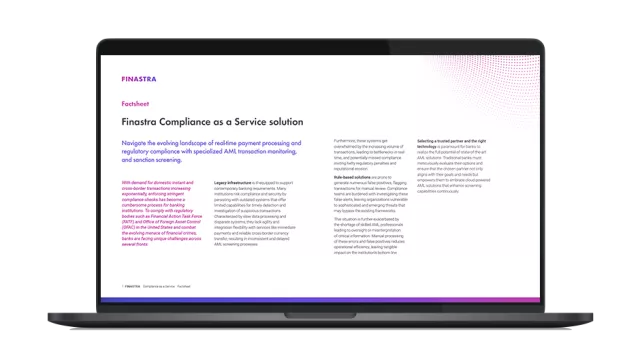 Image of laptop with cover slide for Finastra Compliance as a Service factsheet