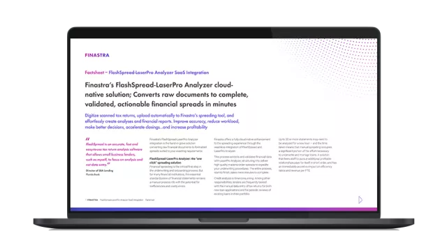 Image of laptop with cover slide for "Finastra's FlashSpread-LaserPro Analyzer cloud-native solution converts raw documents to finished spreads in minutes" factsheet