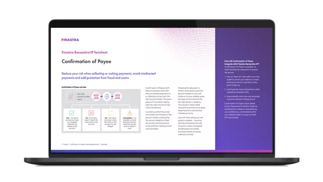 Image of laptop with cover slide for "Reduce your risk when collecting or making payments with Finastra Bacsactive-IP's Confirmation of Payee service" factsheet