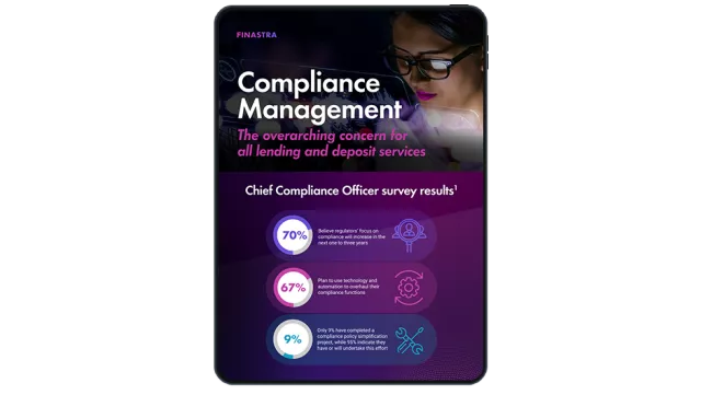 Image of tablet with cover slide of "Finastra Compliance Management" infographic