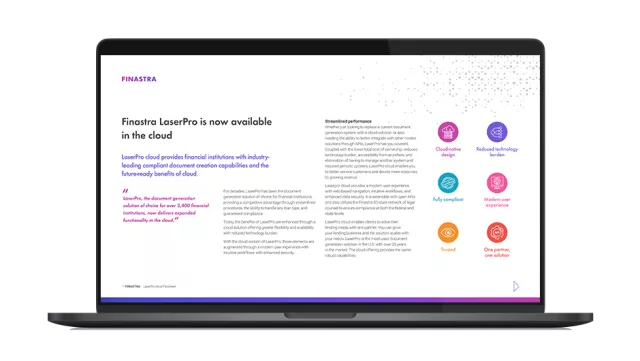 Image of laptop with cover slide for "LaserPro is now available in a cloud-enabled offering" factsheet