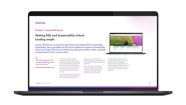 Image of laptop with cover slide for Finastra ESG Service factsheet