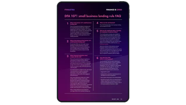 Image of tablet with cover slide of "Frequently asked questions about the DFA 1071 small business lending rule" brochure