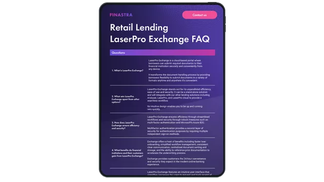 Image of tablet with cover slide for the "LaserPro Exchange Frequently Asked Questions (FAQs)" brochure