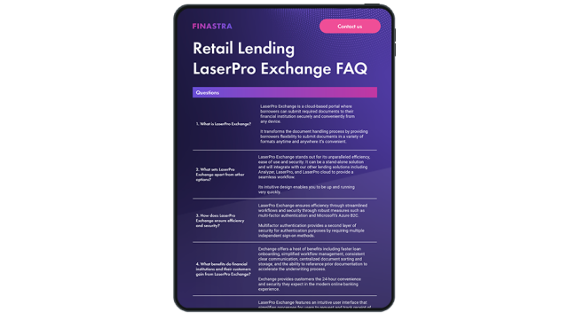 Image of tablet with cover slide for the "LaserPro Exchange Frequently Asked Questions (FAQs)" brochure