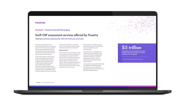 Image of laptop with cover slider for "Swift CSP Assessment Services offered by Finastra" factsheet