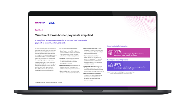 Image of laptop with cover slide of "Visa Direct: Cross-border payments simplified" brochure