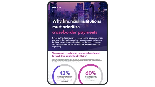 Image of tablet with cover slide of "Why financial institutions must prioritize cross-border payments" infographic