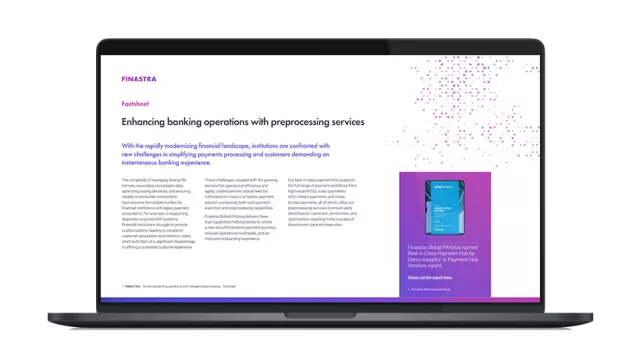 Image of laptop with cover slide for "Enhancing banking operations with preprocessing services" brochure