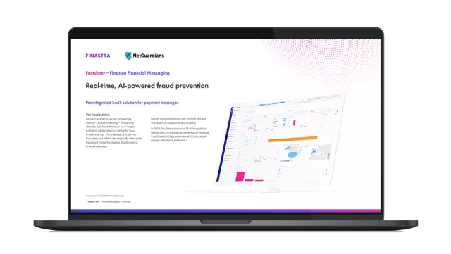 Image of laptop with cover slide for "Fraud prevention for Finastra’s service bureau customers" brochure