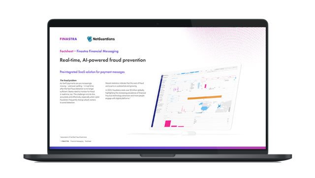 Image of laptop with cover slide for "Fraud prevention for Finastra’s service bureau customers" brochure