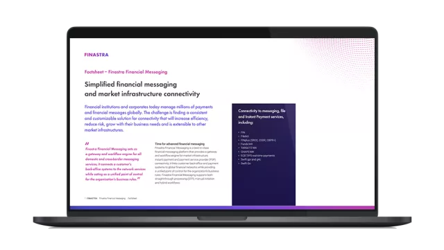 Image of laptop with cover slide for the "Finastra Financial Messaging: Simplified financial messaging and market infrastructure connectivity" brochure