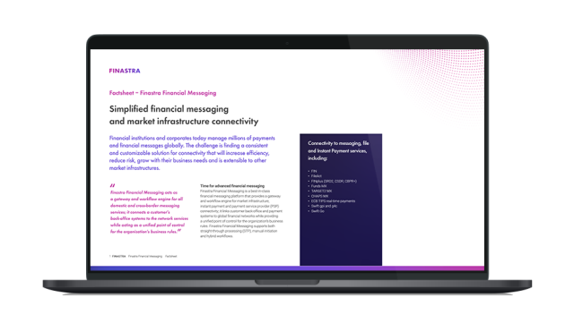 Image of laptop with cover slide for the "Finastra Financial Messaging: Simplified financial messaging and market infrastructure connectivity" brochure