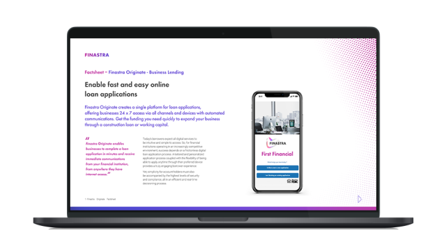 Image of laptop with cover slide for the Finastra Originate Business Lending factsheet