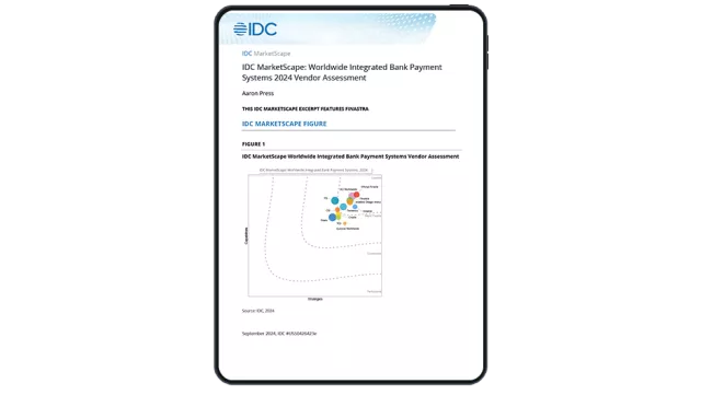 Image of tablet with cover slide for "Finastra Payment Hub is recognized as leader" report