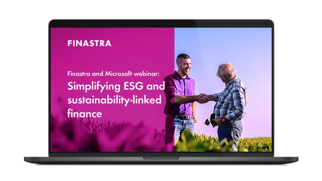 Image of laptop with cover slide of "Finastra and Microsoft webinar: Simplifying ESG and sustainability-linked finance" webinar