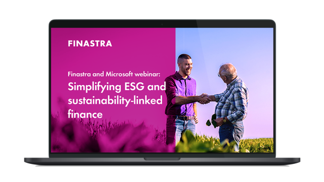 Image of laptop with cover slide of "Finastra and Microsoft webinar: Simplifying ESG and sustainability-linked finance" webinar