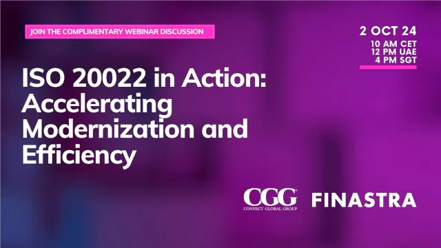 Cover slide of " ISO 20022 in Action: Accelerating Modernization and Efficiency" webinar