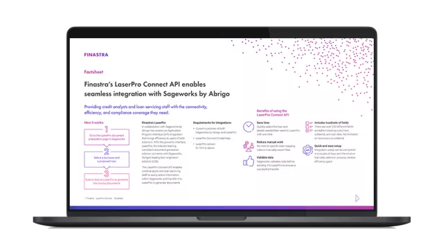 Image of laptop with cover slide for "Finastra’s LaserPro Connect API enables seamless integration with Sageworks by Abrigo" factsheet