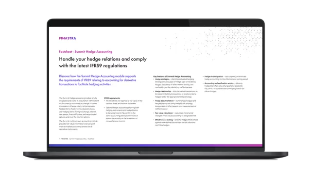 Image of laptop with cover slide for the "Handle your hedge relations and comply with the latest IFRS9 regulations" factsheet