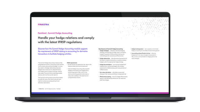 Image of laptop with cover slide for the "Handle your hedge relations and comply with the latest IFRS9 regulations" factsheet