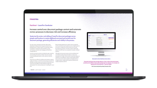 Image of laptop with cover slide for the "LaserPro Conductor loan document management solution" factsheet