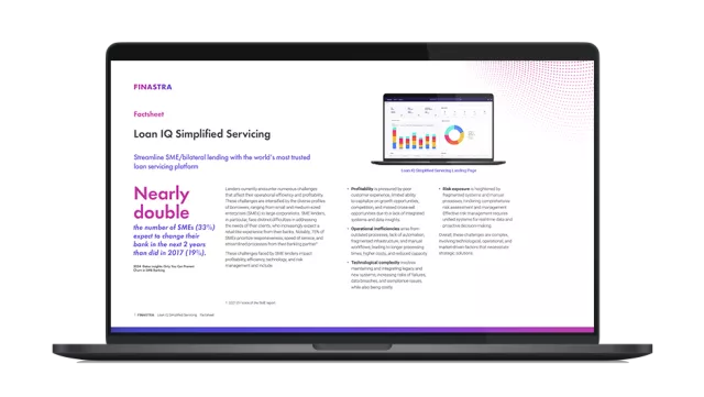 Image of laptop with cover slide for the Finastra Loan IQ Simplified Servicing factsheet