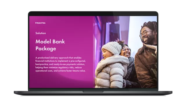 Image of laptop with cover slide of "Model Bank Package" brochure