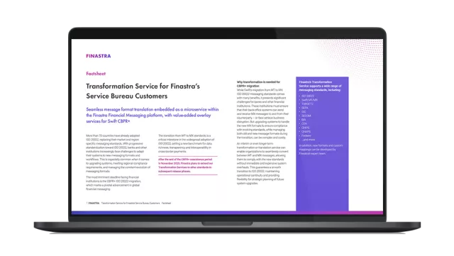 Image of laptop with cover slide for "Transformation service for Finastra’s Service Bureau Customers" factsheet