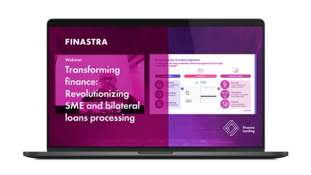 Image of laptop with cover image for the "Transforming finance: Revolutionizing SME and bilateral loans processing" webinar