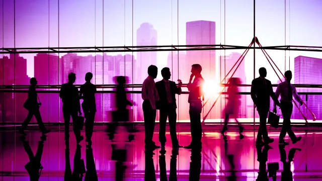 Business professionals in a modern office with city skyline at sunset.