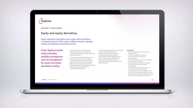 Image of laptop with slide on Fusion Sophis Equity and Equity Derivatives (Factsheet)