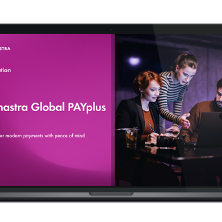 Image of laptop with cover slide for "Finastra Global PAYplus" solution overview