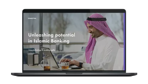 Image of laptop with cover slide for "Unleashing potential in Islamic banking" white paper