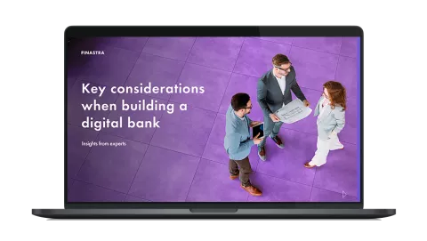 Image of laptop with cover slide for "Key considerations when building a digital bank" white paper