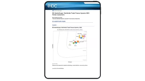 Image of tablet with cover slide for "Finastra recognized as leader in trade" report