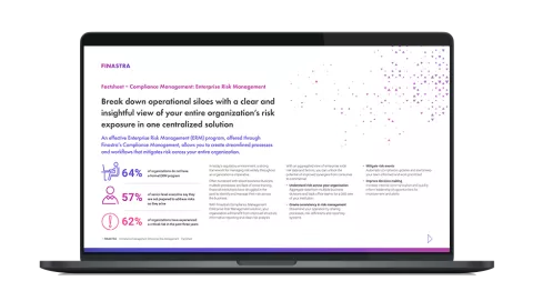 Image of laptop with cover slide for "Finastra Compliance Management Enterprise" factsheet