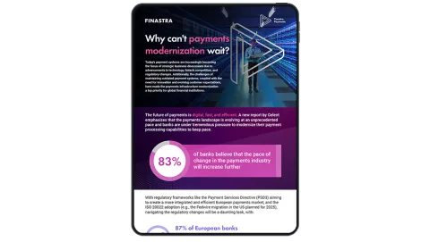 Image of tablet with cover slide of "Why can't payments modernization wait?" infographic