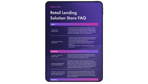 Image of tablet with cover slide of "Retail Lending Solution Store FAQ" infographic