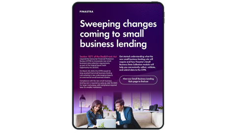 Image of tablet with cover slide of "1071: Sweeping changes coming to small business lending" infographic