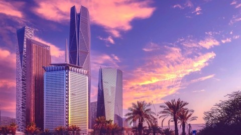Image of office skyscraper buildings at sunset