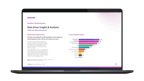 Image of laptop with cover slide of "Finastra Essence – Data & Analytics - Finastra Retail Analytics" factsheet