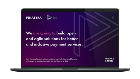 Image of laptop with cover slide of "Finastra Finance is Open, Payments" eBook