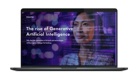 Image of laptop with cover slide of "The rise of generative artificial intelligence in lending" white paper